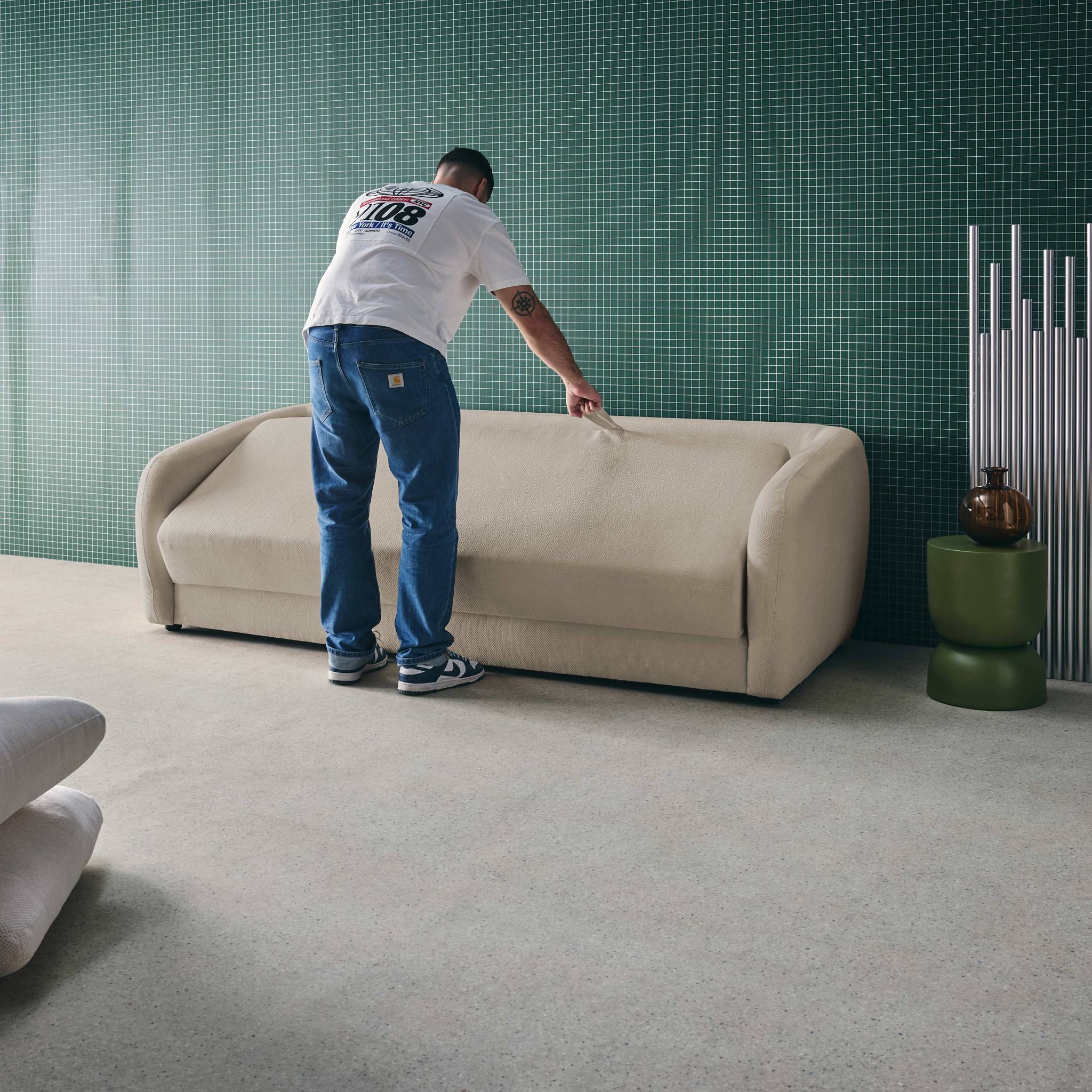 Divano letto in tessuto ciniglia, 3 posti, grigio chiaro