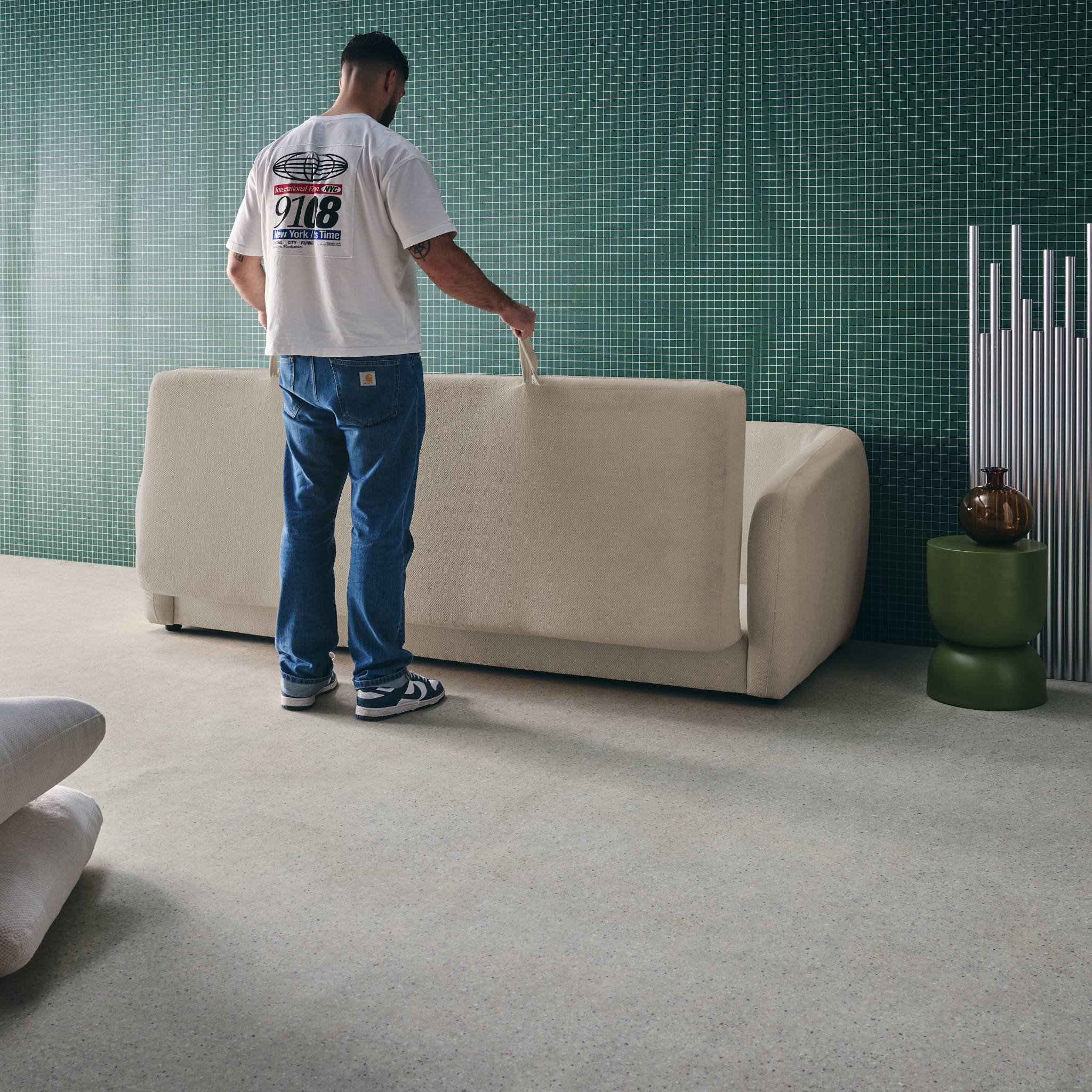 Divano letto in tessuto ciniglia, 3 posti, grigio chiaro