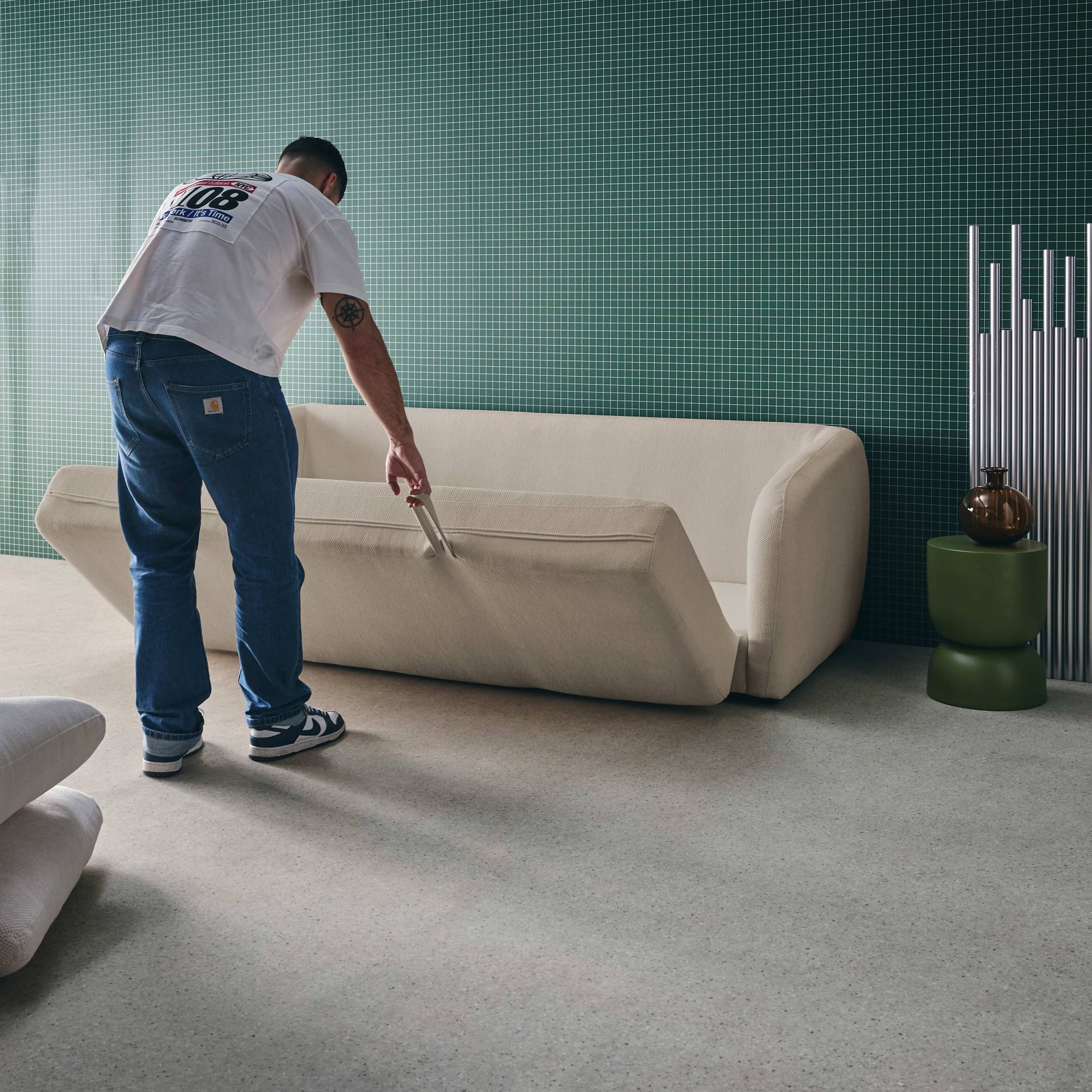 Divano letto in tessuto ciniglia, 3 posti, grigio chiaro