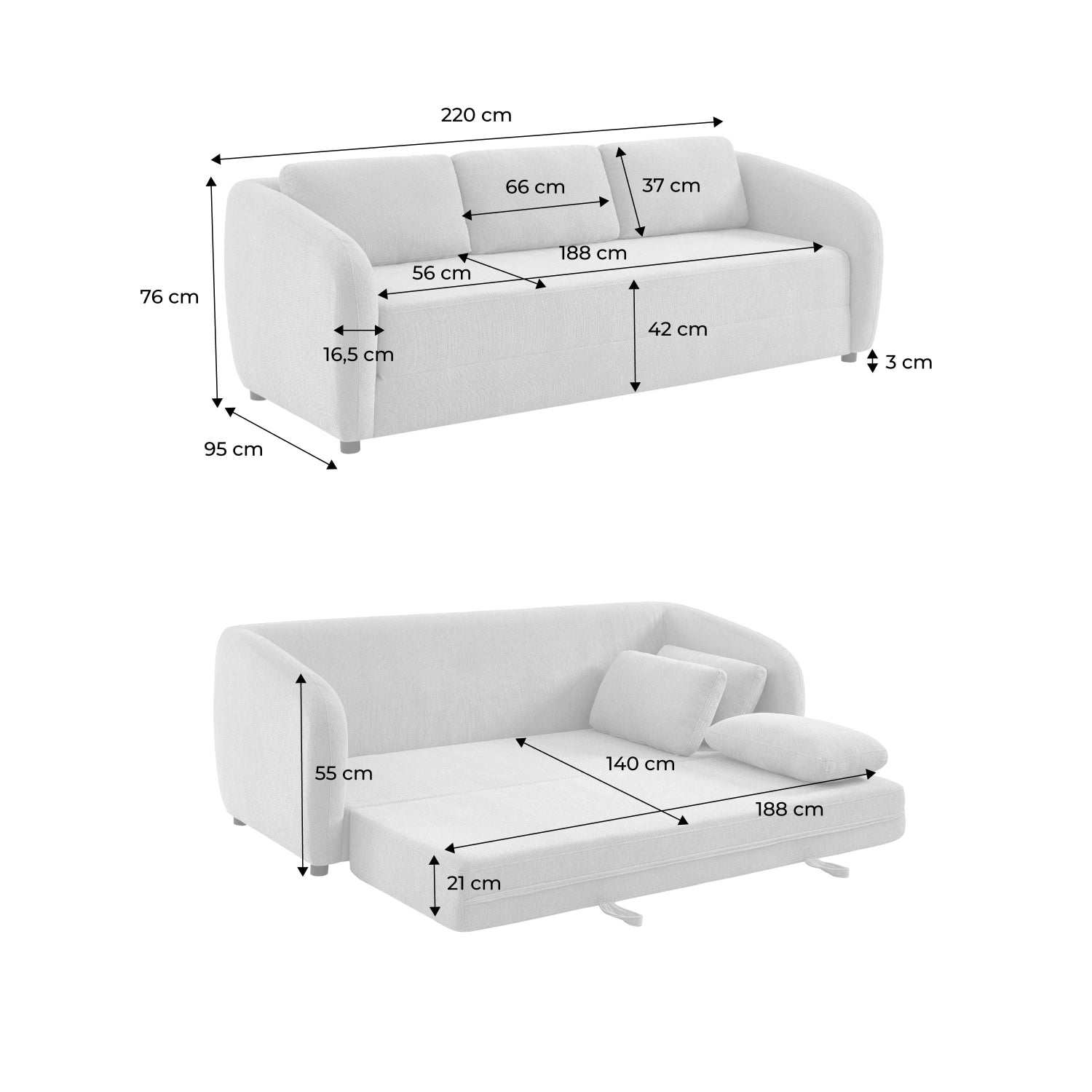 Divano letto in tessuto ciniglia, 3 posti, grigio chiaro