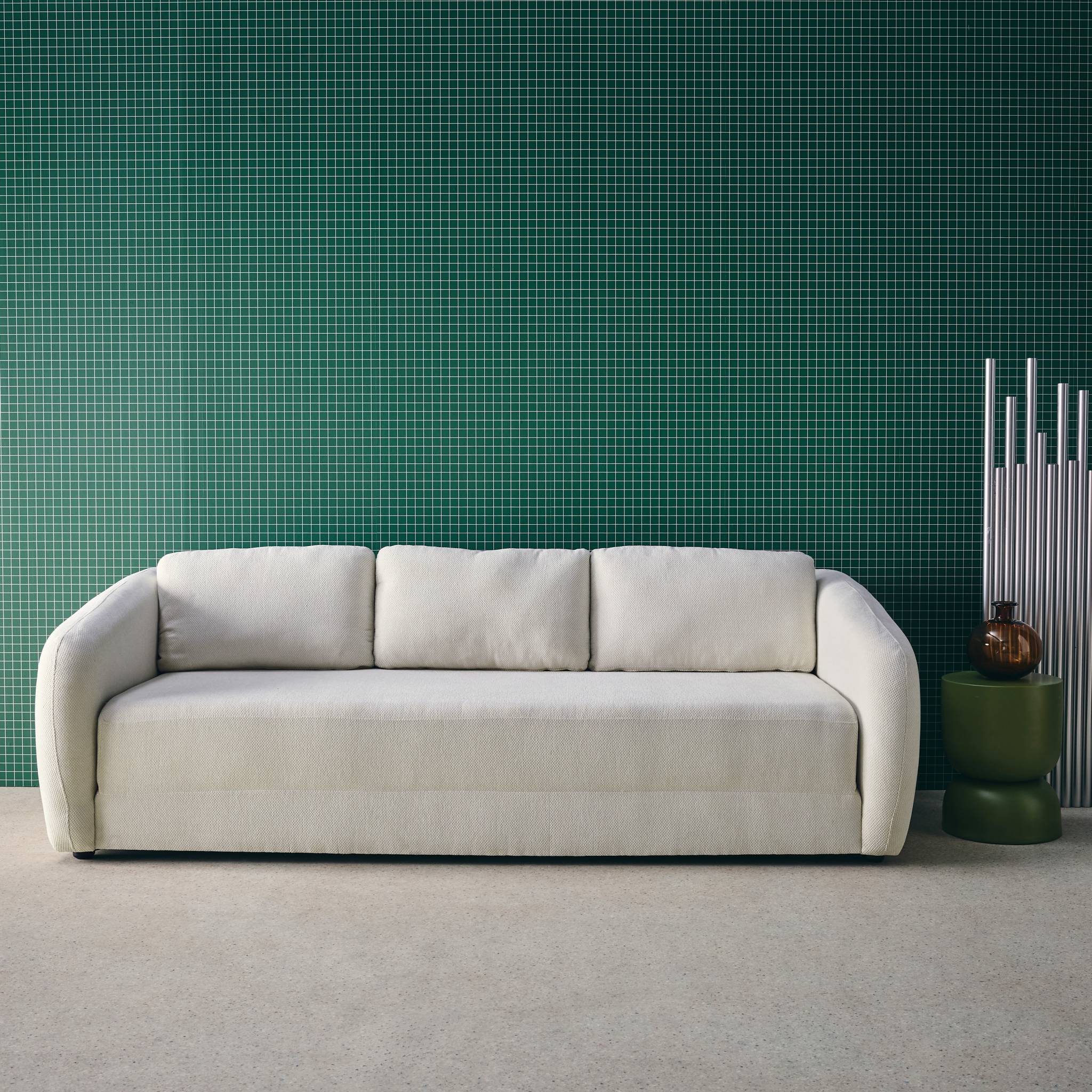 Divano letto in tessuto ciniglia, 3 posti, bianco