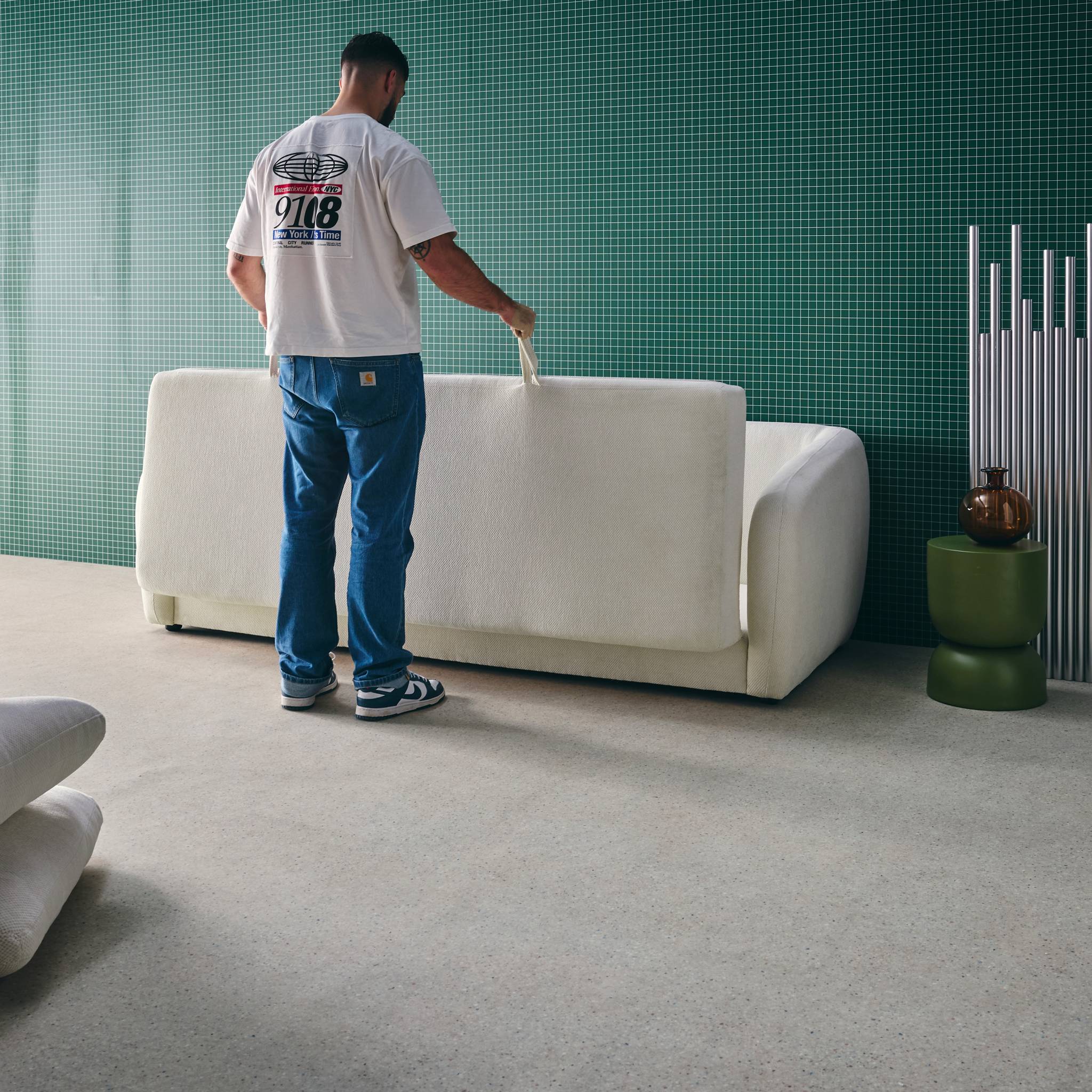 Divano letto in tessuto ciniglia, 3 posti, bianco