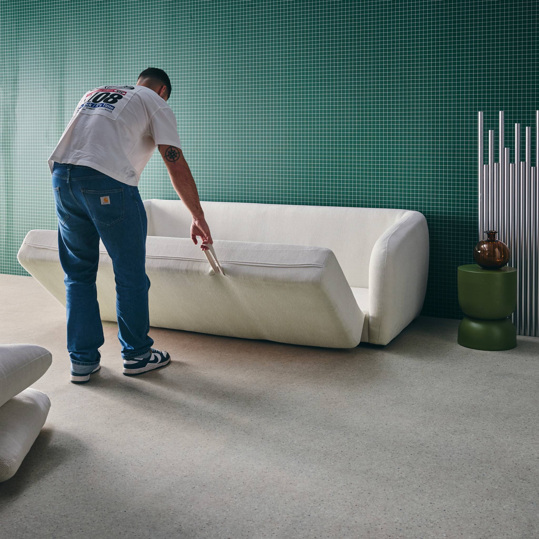 Divano letto in tessuto ciniglia, 3 posti, bianco