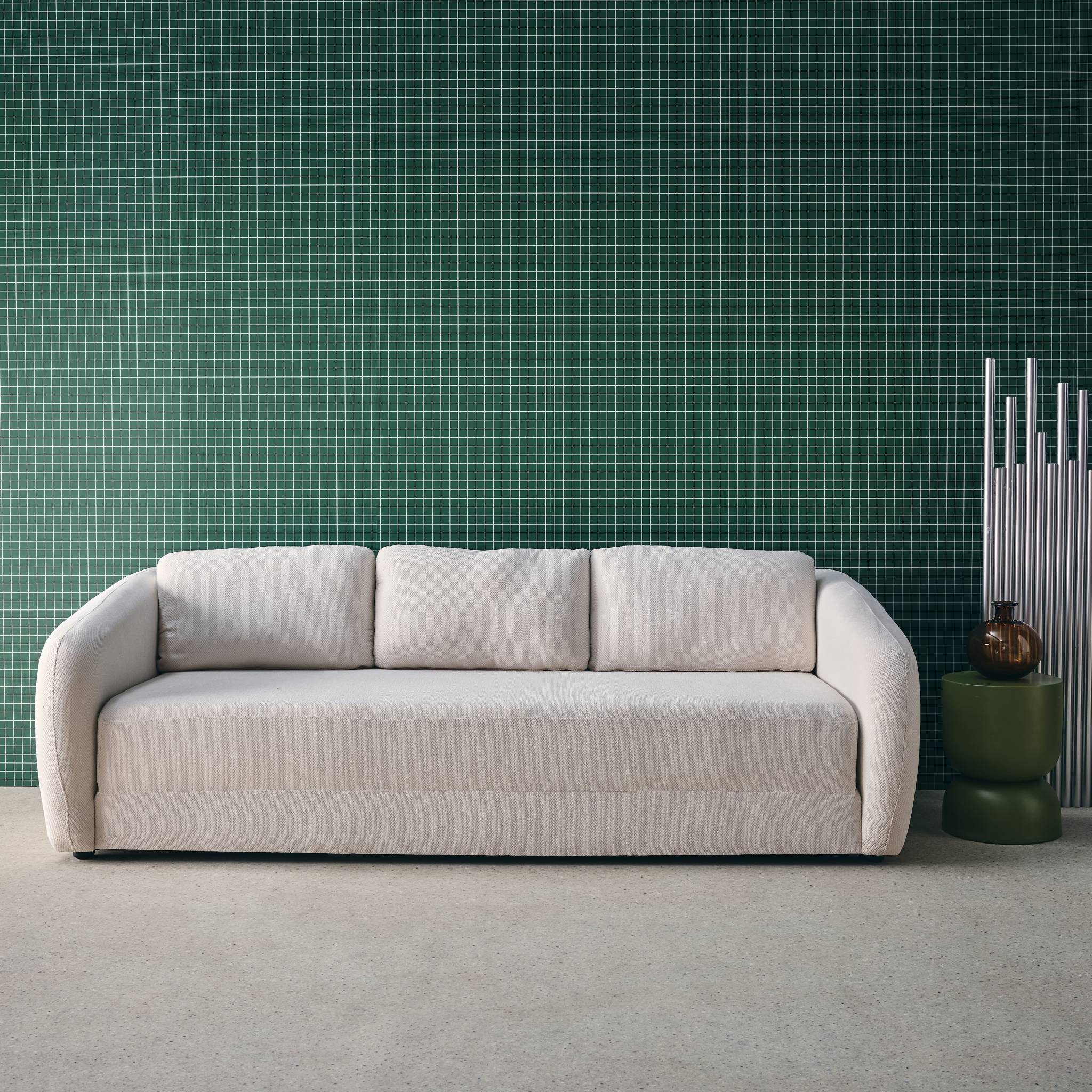 Divano letto in tessuto ciniglia, 3 posti, bianco