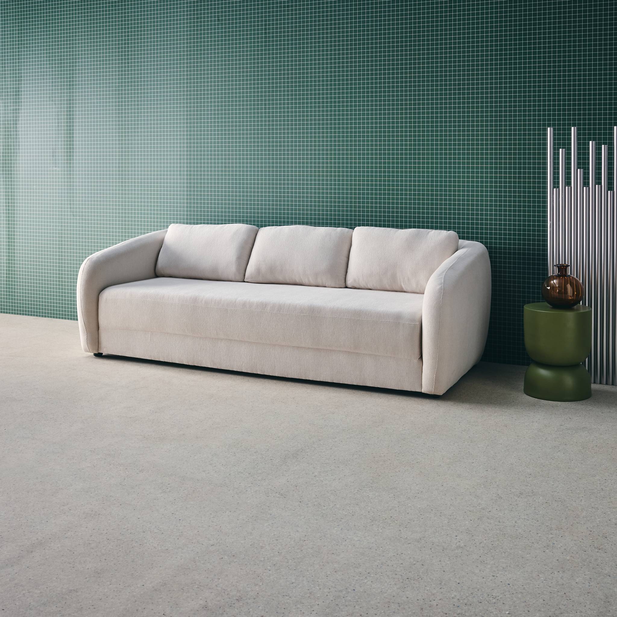 Divano letto in tessuto ciniglia, 3 posti, bianco