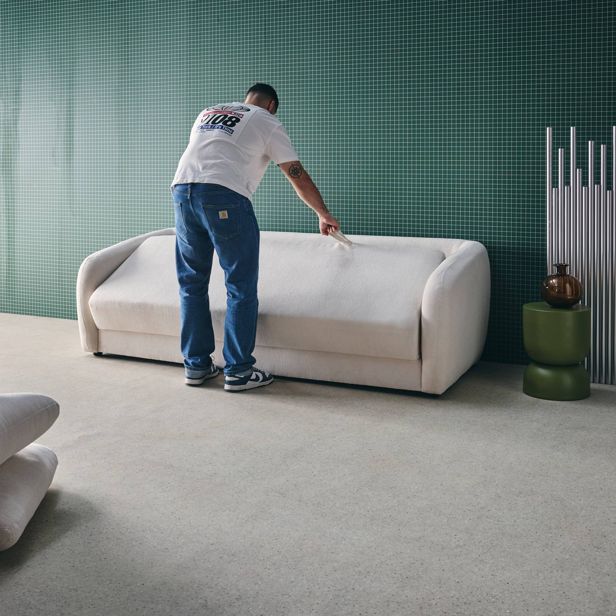 Divano letto in tessuto ciniglia, 3 posti, bianco