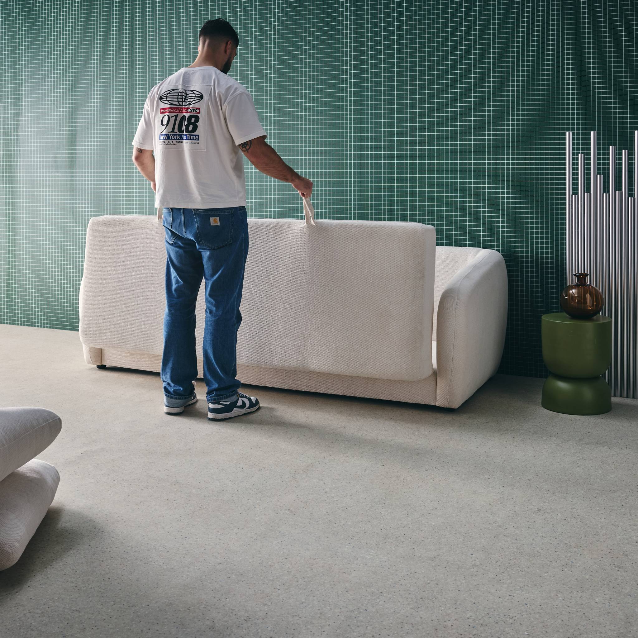 Divano letto in tessuto ciniglia, 3 posti, bianco