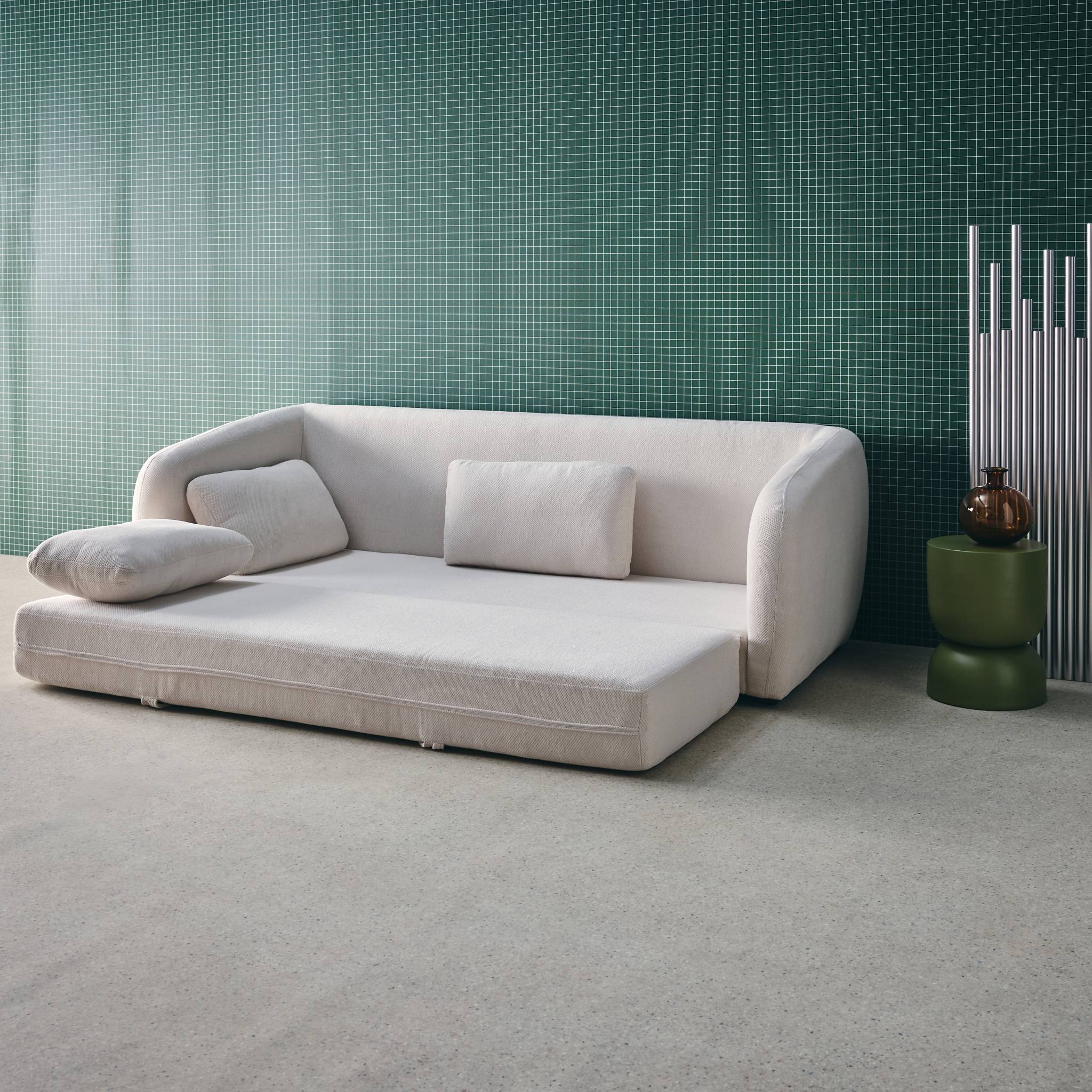 Divano letto in tessuto ciniglia, 3 posti, bianco