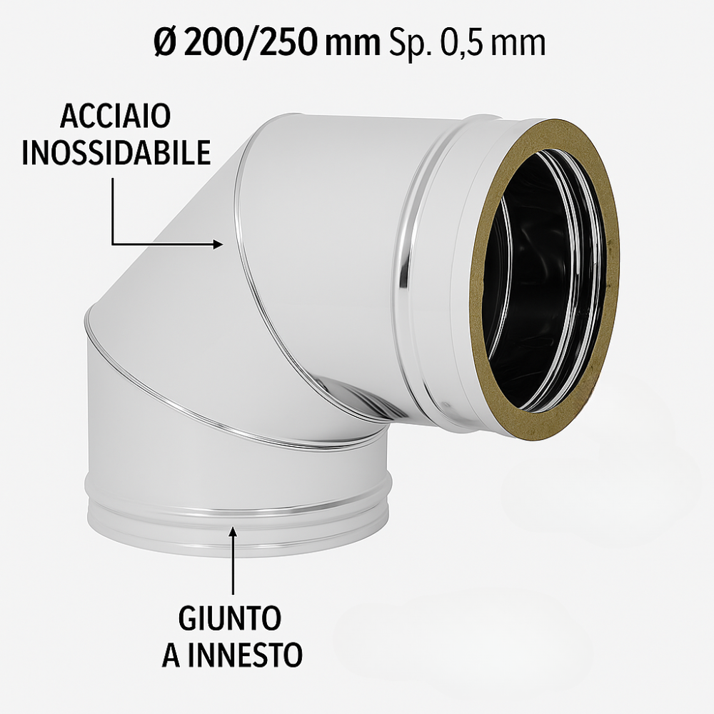 Curva 90° acciaio inox Ø 200/250 mm spessore 0,5 mm canna fumaria doppia parete
