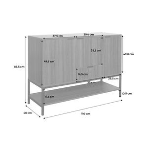 Credenza effetto legno tinto noce e metallo a 3 ante, 110cm, marrone