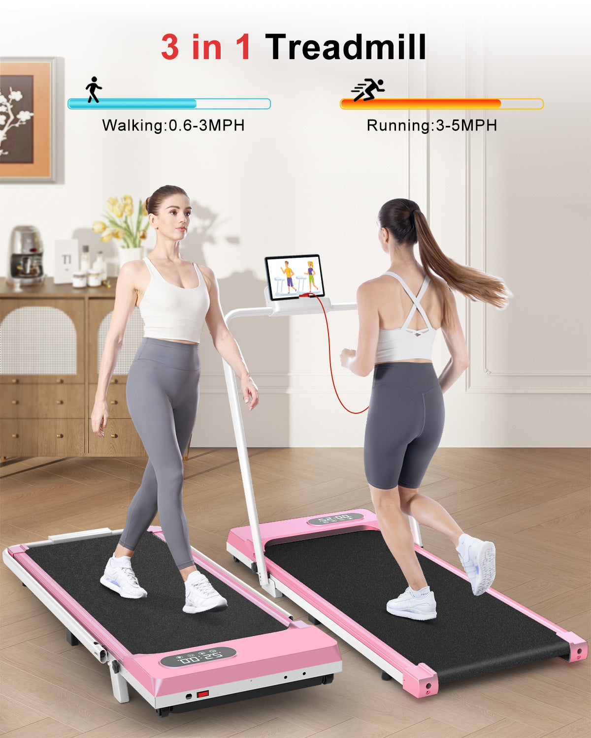 Tapis Roulant Elettrico Pieghevole 1-8 km/h - RATTANTREE - con Inclinazione, Display a LED, Supporto per App e Tablet - Portante 145kg - Rosa