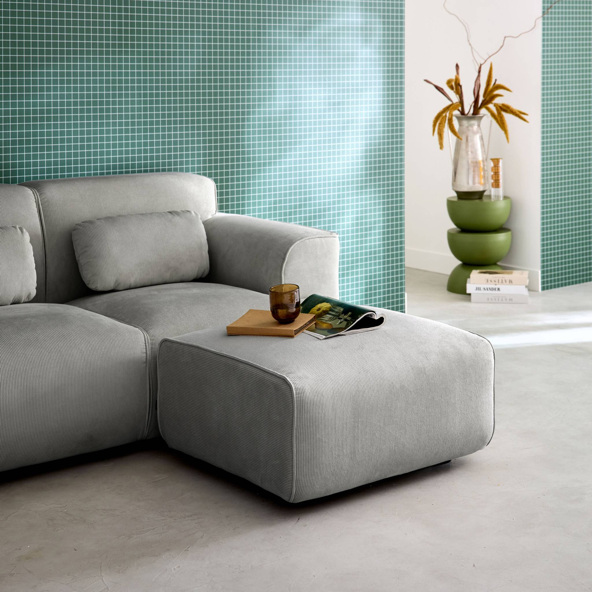 Pouf, poggiapiedi per divano wallas velluto a coste, 2 posti, grigio