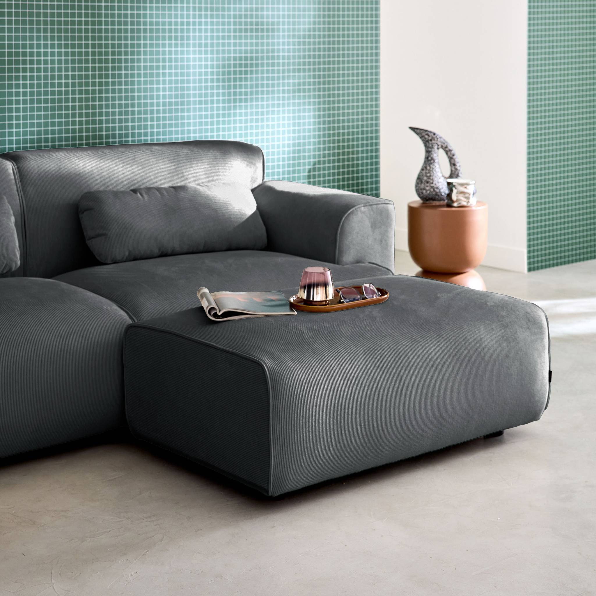 Pouf, poggiapiedi per divano wallas velluto a coste, 3 posti  , grigio