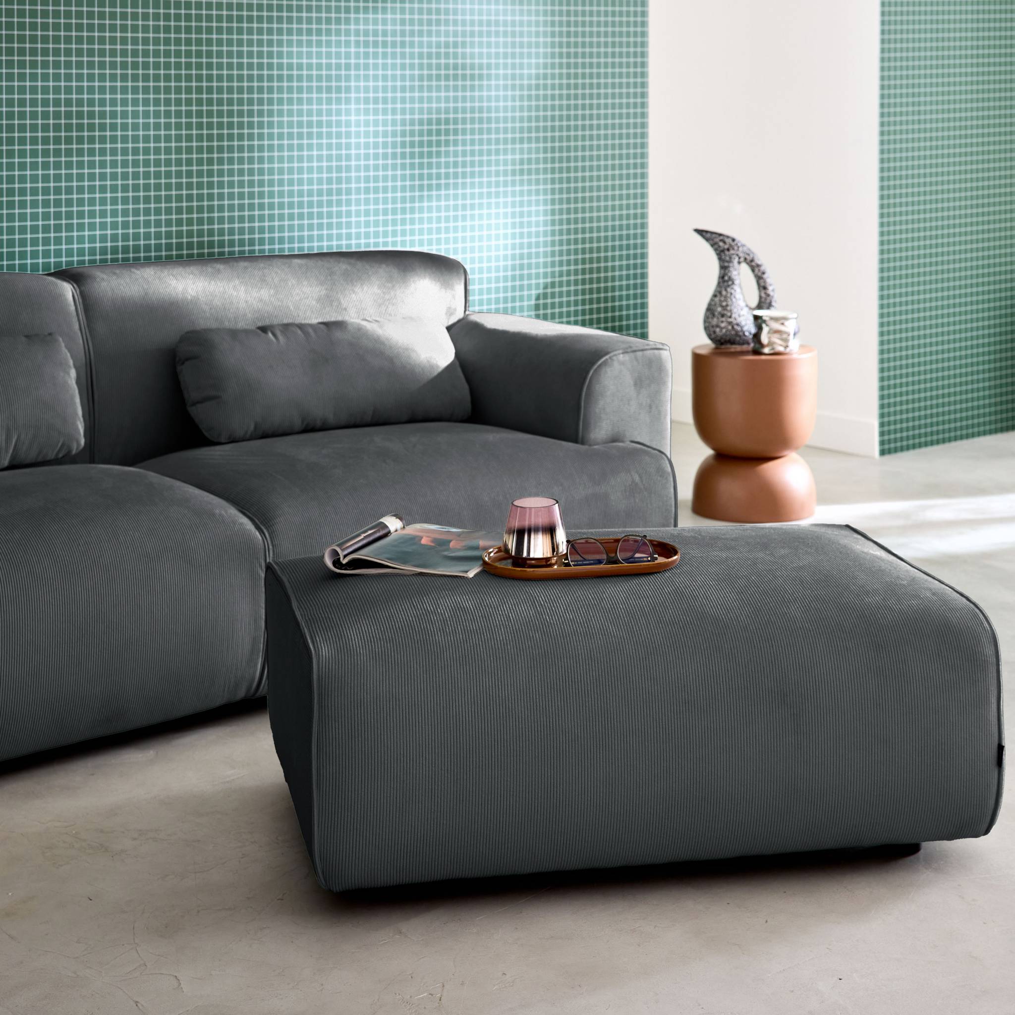 Pouf, poggiapiedi per divano wallas velluto a coste, 3 posti  , grigio