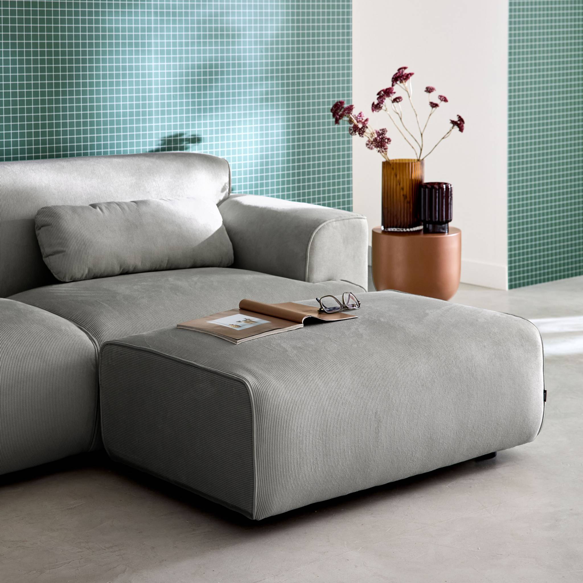 Pouf, poggiapiedi per divano wallas velluto a coste, 3 posti  , grigio