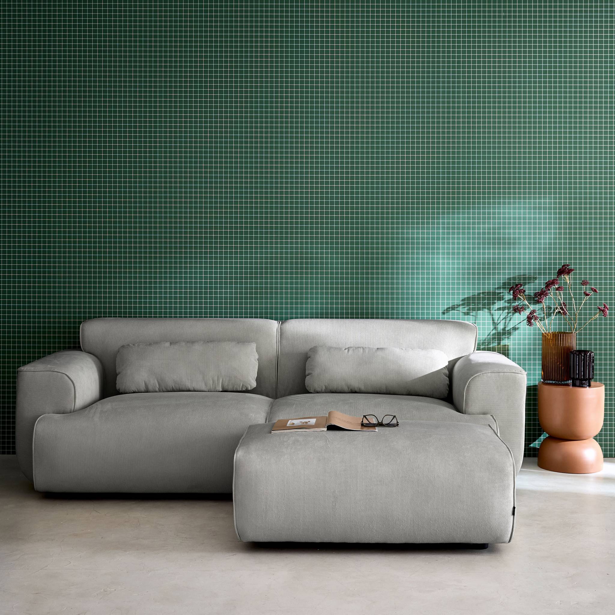 Pouf, poggiapiedi per divano wallas velluto a coste, 3 posti  , grigio