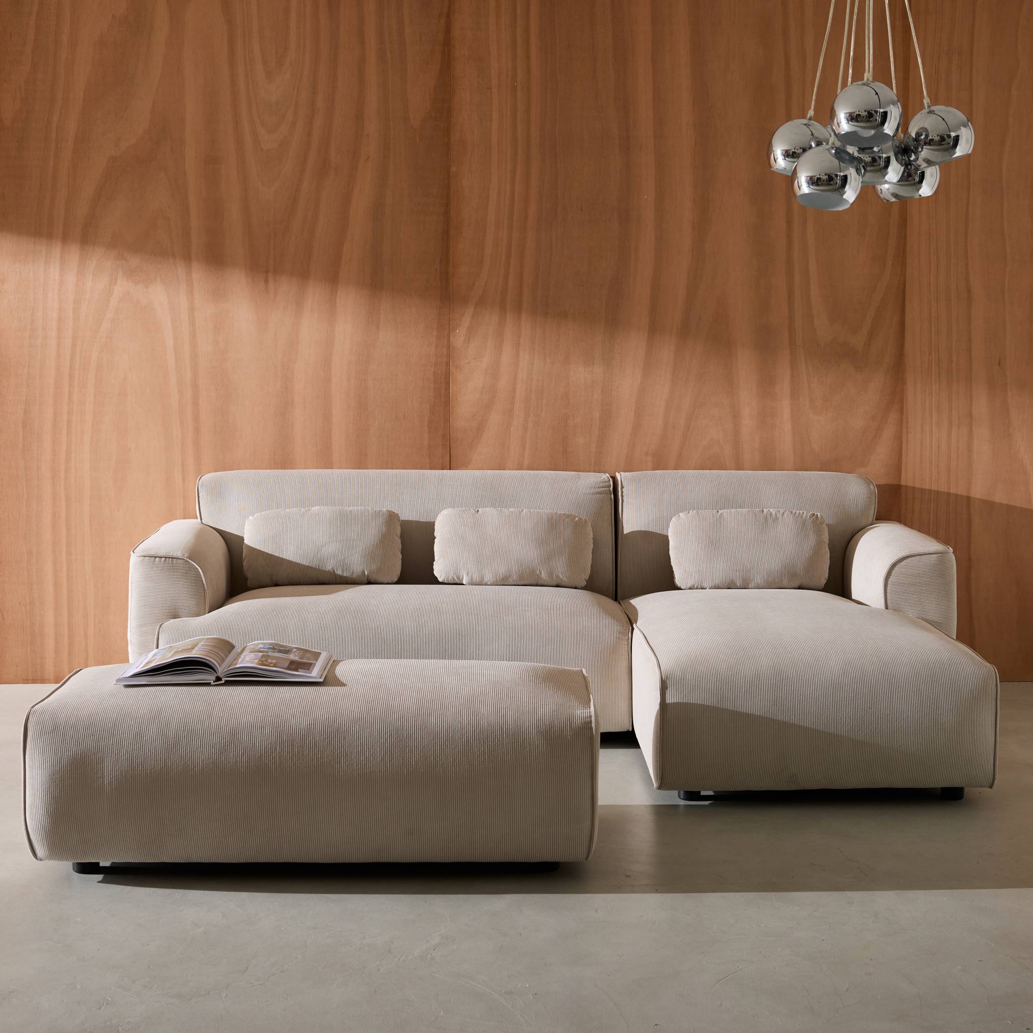 Pouf per divano angolare wallas in velluto a coste, 2 posti, grigio