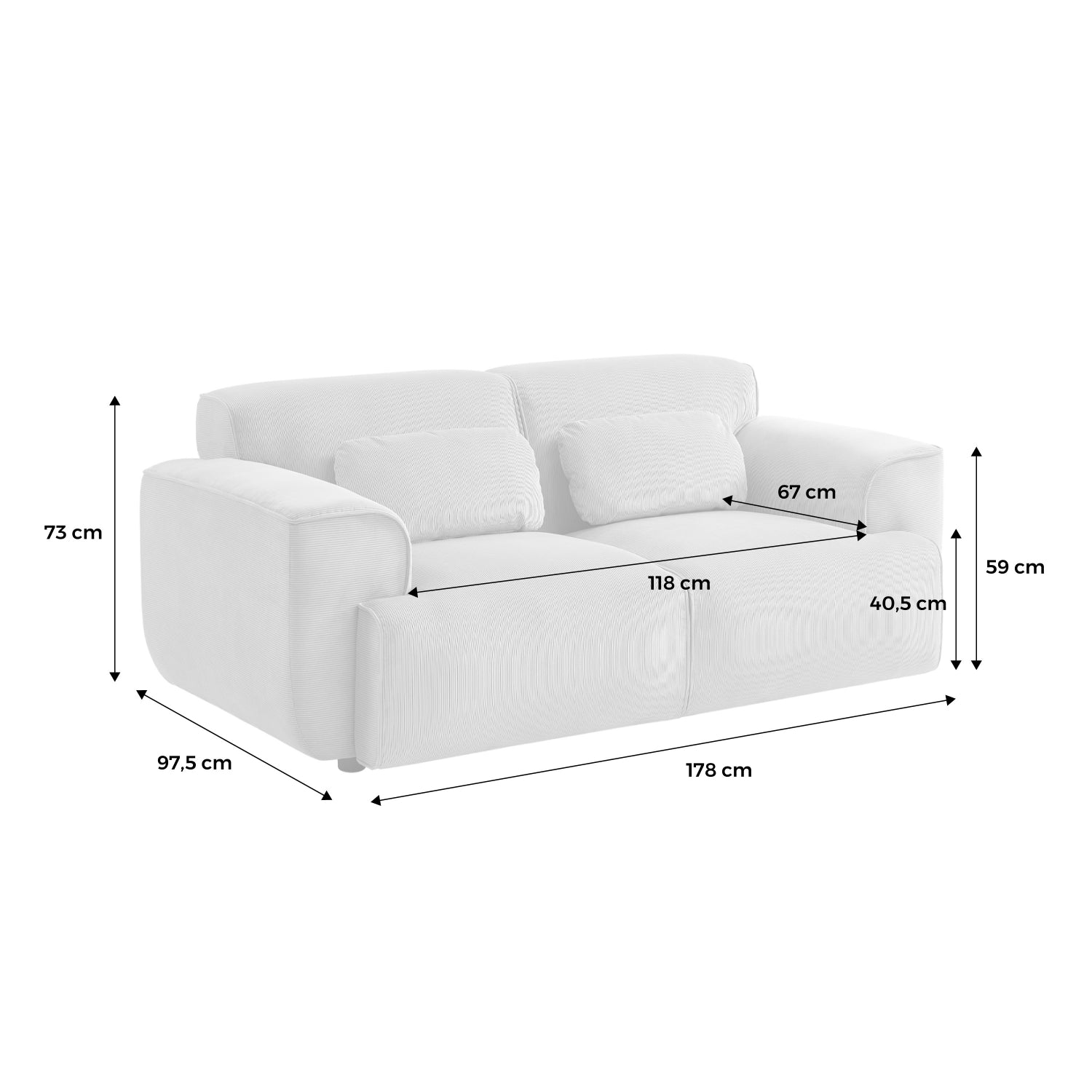 Divano a 2 posti in velluto a coste fino, grigio chiaro