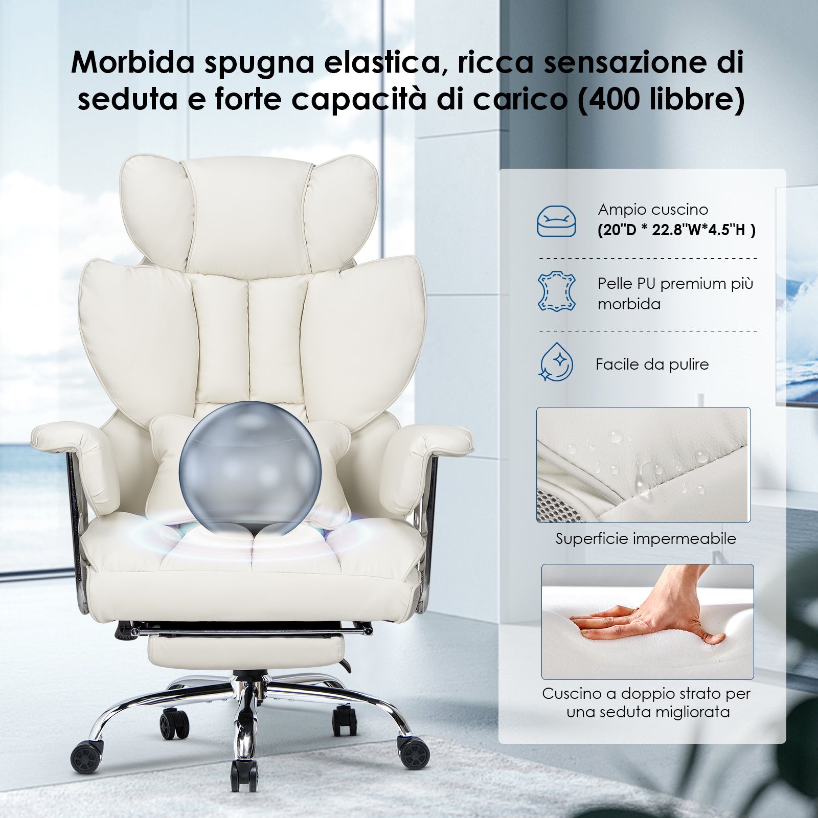 Sedia ufficio con rotelle - RATTANTREE - Poltrona presidenziale con Poggiapiedi Retrattile - Bianco