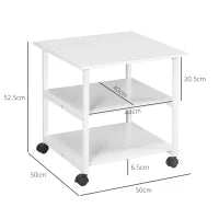 Carrello Porta Stampante a 3 Ripiani con 4 Ruote, Legno e Acciaio, 50x50x52.5cm, Bianco