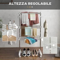 Stendino Verticale Pieghevole in Acciaio e Plastica con 6 Ruote e 3 Ripiani Regolabili, 142x55x172 cm