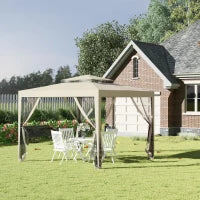 Gazebo da Giardino 3x3m con Zanzariera, Doppio Tetto e Telaio in Metallo, Beige