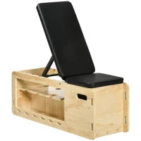 Panca Pesi con Supporto per Manubri, 1 Cesto Portaoggetti, Regolabile in 6 Posizioni, Legno Massello, Naturale + Nero