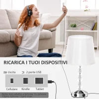 Lampada da Tavolo con Cristalli e Porta USB, in Metallo, Vetro e Poliestere, Ø23x45 cm, Bianco e Argento