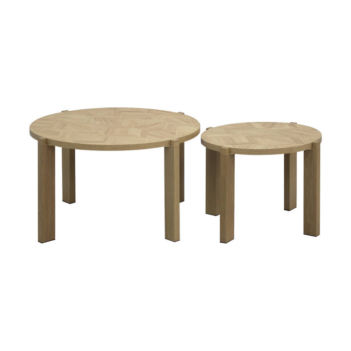 Tavolini vintage rotondi con piano effetto chevron, marrone naturale