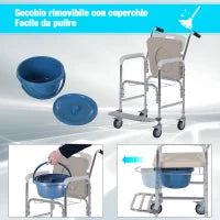 Sedia a Rotelle Impermeabile con WC Seduta in Ecopelle, 4 Ruote, Vaso Rimovibile per Anziani/Disabili, 84x54x96cm