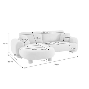 Divano angolare sinistro 3 posti tessuto, piedi rotondi, crema