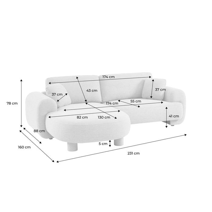 Divano angolare sinistro 3 posti tessuto, piedi rotondi, crema