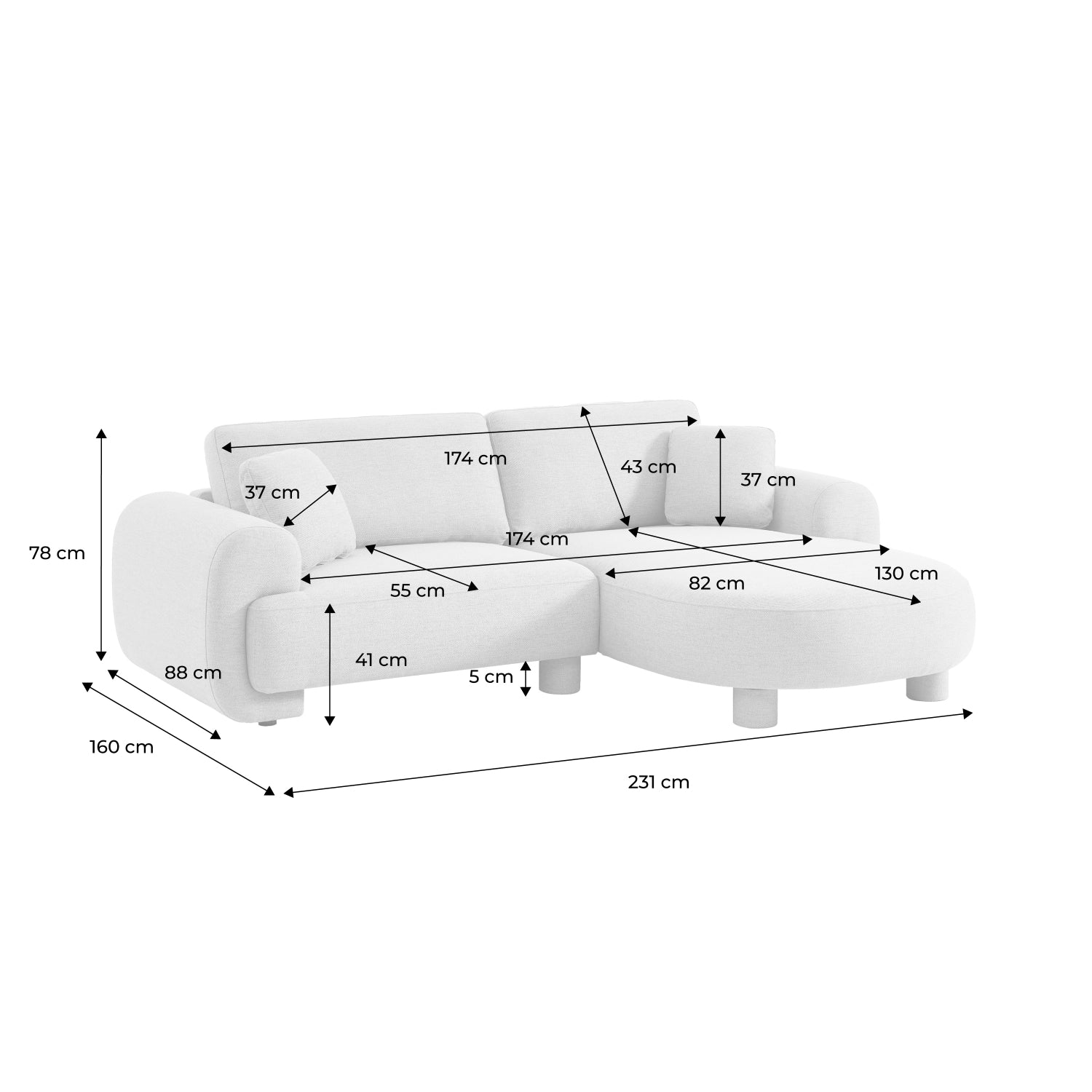 Divano ad angolo destro 3 posti in tessuto, piedi tondi, beige