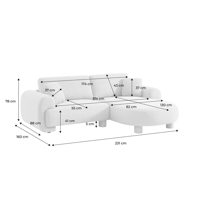 Divano ad angolo destro 3 posti in tessuto, piedi tondi, beige