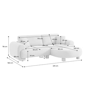 Divano ad angolo destro 3 posti in tessuto, piedi tondi, beige
