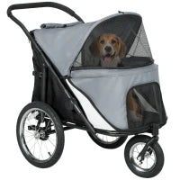 Passeggino per cani 3 ruote con piegatura facile, borsa portaoggetti, cuscino soffice, guinzaglio di sicurezza, grigio