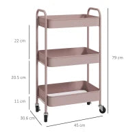 Carrello da Cucina a 3 Livelli con Maniglie e 4 Rotelle, in Acciaio, 45x30.6x79 cm, Rosa