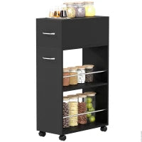 Carrello da Cucina con 2 Ripiani Aperti, Cassetto e Parapetti, Legno e Acciaio Inox, 25x50x85 cm, Nero