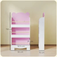 Libreria per Bambini con 3 Ripiani a Forma di Orsetto con Barriere Frontali, 55x15x110 cm, Rosa