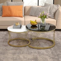 Tavolini Rotondi Moderni a Incastro, con Finitura Effetto Marmo e Struttura Metallica Dorata, 70x70x45 cm e 45x45x40 cm, Nero e Bianco