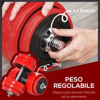 Set 2 in 1 Bilanciere e Manubri Pesi da 30kg, Dischi con Rivestimento in Plastica Antigraffio, Rosso e Nero
