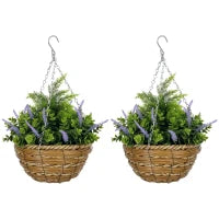 Set 2 Piante Finte di Lavanda con Vaso e Gancio, in PE e Vimini, Ø25x34 cm, Verde e Viola