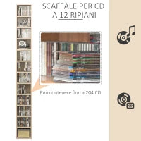 Mobile Libreria Porta CD a 12 Ripiani per 204 CD, in MDF e Truciolato, 21x20x175 cm, color Legno