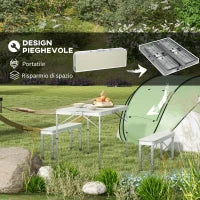Tavolo da Picnic Pieghevole 90x62x70 cm con 2 Panche da Esterno 86x23x40 cm, in MDF e Alluminio, Argento