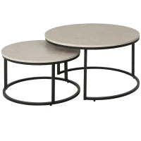 Set 2 Tavolini da Caffè Sovrapponibili Rotondi in Metallo e MDF Effetto Marmo, Grigio e Nero