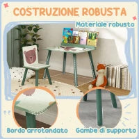 Set Sedia e Tavolino per Bambini con Ripiano Portaoggetti, in MDF e Legno di Pino, Verde