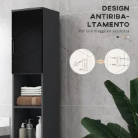 kleankin Colonna Bagno in Truciolato con 2 Ripiani Aperti e 2 Armadietti a 2 Livelli, 30x30x183 cm, Nero e Grigio