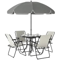 Set da Giardino 6 Pezzi in Acciaio con 4 Sedie Pieghevoli, Ombrellone e Tavolo Rotondo, Crema, Grigio e Nero