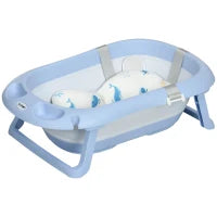 Vaschetta Bagnetto Pieghevole Bambini 0-6 Anni con Cuscino e 2 Ripiani, 83x48x23.5 cm, Blu e Bianco