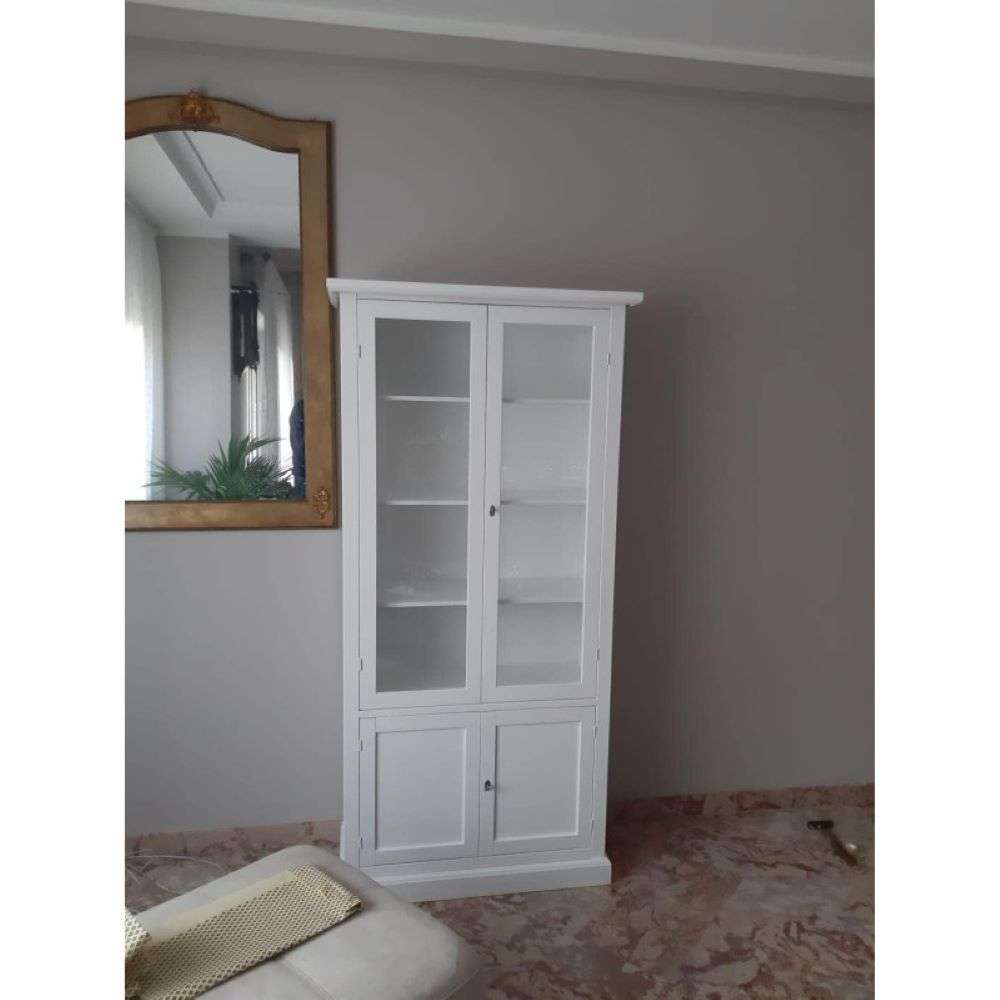 Vetrina 4 ante arte povera in legno massello e mdf  con rifinitura in bianco 90X41X186 H